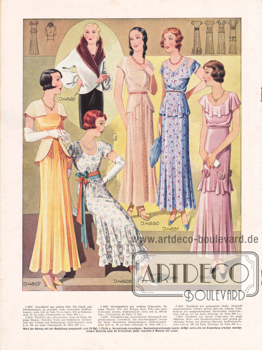 4827: Abendkleid aus gelbem Taft für Debütantinnen. Für Schoß und Schulterkragen ist gestickte Seide verwendet.
4828: Festkleid aus gemustertem Crêpe de Chine für junge Damen. Die Ärmel sind gepufft, der Rock ist mit Volants und Reihenziehung versehen.
4829: Abendjäckchen aus weißem Crêpe Satin für junge Damen.
4830: Abendkleid aus écrufarbenem Spitzenstoff mit gleichfarbigem Unterkleid. Ein Samtbandgürtel betont die Taille.
4831: Tanzkleid aus gemusterter Seide mit Glockenrock und rund geschnittenen Schoßteilen.
4832: Tanzkleid aus altrosa Crêpe Satin für junge Mädchen. Rock und Ausschnittvolants sind glockig geschnitten. Blüten aus gleichem Material.