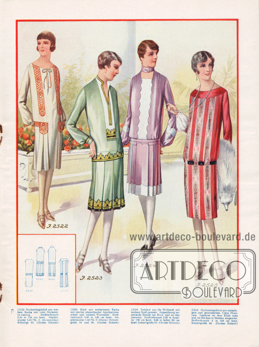 2522: Nachmittagskleid aus weißem Kasha mit roter Stickereiverzierung.
2523: Kleid aus mattgrünem Kasha mit reicher abstechender Applikationsarbeit und weißem Westenteil.
2524: Teekleid aus lila Wollstoff, mit weißem Stoff garniert. Bogenförmig ansetzende Blende am Rock und an den Ärmeln.
2525: Nachmittagskleid aus einfarbigem und gemustertem Crêpe Marocain. Letzterer ist dem Kleid vorn und im Rücken in Streifen eingesetzt.