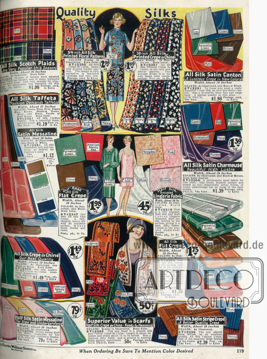 „Quality Silks“ - Qualitätsseide.
Bedruckte und einfarbige Stoffe wie reine Seide, Seiden-Taft, Satin-Messaline, Crêpe de Chine sowie Baumwoll-Satin für Unterwäsche und Kleider.