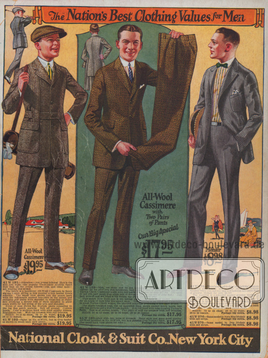 Herrenanzüge aus Woll-Kaschmir und Mohair (Wolle der Angoraziege). Der linke Anzug ist ein Sport- und Golfanzug im Norfolk-Stil.