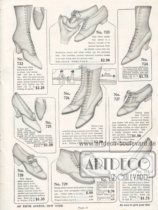 Damenschuhe aus Kanevas für sommerliche Temperaturen, sportliche Aktivitäten oder auch für die städtische Straße. Das Angebot umfasst drei Stiefeletten, zwei Oxfords, zwei Pumps, einen Schnallenschuh und ein Paar Sportschuhe (z.B. für Tennis) in einer hohen Ausführung und in einer Halbschuhausführung.