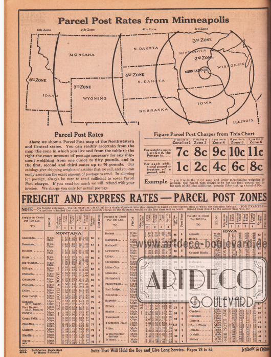 „Paketgebühren ausgehend von Minneapolis“ (engl. „Parcel Post Rates from Minneapolis“).
Oben werden die US-Bundesstaaten auf einer Karte gezeigt, die von M. W. Savage beliefert werden (Idaho, Montana, Wyoming, North Dakota, South Dakota, Nebraska, Minnesota, Iowa, Wisconsin und Illinois).
Unten werden die Paketgebühren nach Zonen (nach Entfernung von Minneapolis) für Frachtgebühren und Expressporto angegeben.