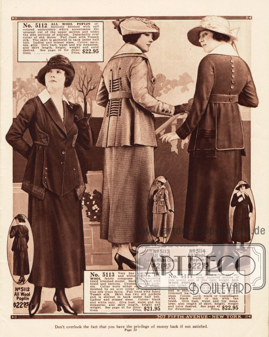 Damenkostüme aus Woll-Popeline und kariertem, hellem Wollstoff der mittleren Preisklasse. Besonders markant präsentiert sich die Jacke des ersten Modells mit seinen detaillierten Stickereien und seinem extravaganten Schnitt. Auch die Rückenpartie der zweiten Jacke zeigt zwei tiefe Dehnfalten, Tressendekoration und Zierknöpfe.
