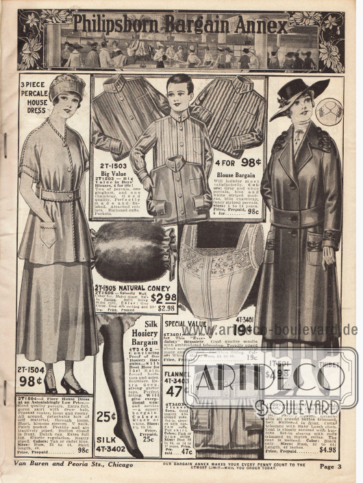 Zweite Seite mit Sonderangeboten, wie z.B. einem dreiteiligen Hauskleid aus Perkal (dicht gewebter Batist) für 98 ¢, vier Hemden (zwei aus Perkal, eines aus Gingham und eins aus Chambray) für Jungen im Alter von 5 bis 16 Jahren, einem Muff aus Kaninchenpelz, einem Bustier aus Musselin, einem Damenmantel aus "Thibet" Stoff, einem Paar Damenstrümpfen aus Seide sowie einem Nachthemd aus Flanell für Frauen.
