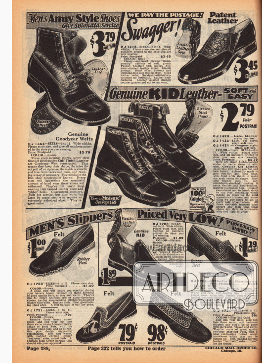 Überknöchelhohe Stiefeletten der robusten Sorte und hochwertigen Verarbeitung aus Chevreauleder (Ziegenleder) mit Ledersohlen und Goodyear Gummiabsätzen zum Schnüren. Oben links wird ein „Swagger“ (dt. „stolzieren“, „grosstun“) Halbschuhmodell aus Lackleder und Reptilleder beworben.
Im unteren Bildbereich werden Pantoffeln und Hausschuhe für Männer aus Filz und Leder angeboten.