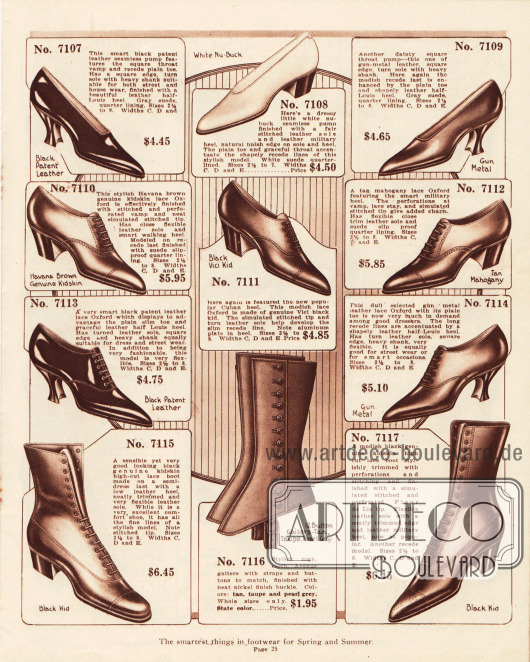 Pumps, Oxfords und Stiefeletten aus Lackleder, Ziegenleder und Nubukleder (angerautes Leder, das eine samtartige Oberfläche besitzt). Die Schuhe präsentieren niedrige und mittelhohe Militärabsätze oder mittelhohe Louis XIV Absätze. Leichte Perforationen an den Nähten dienen der Zierde.
Zudem befinden sich ein Paar Gamaschen im unteren Bildmittel.