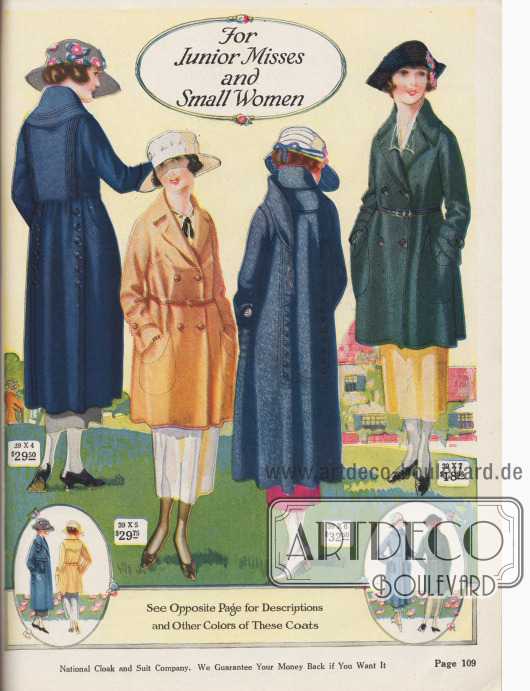 Mäntel und Jacken für junge Damen und zierliche Frauen aus Woll-Velours, Woll-Polo und Woll-Silvertone. Die Unschärfe der Abbildung resultiert aus der nicht genau übereinander gedruckten Farben beim Druck.