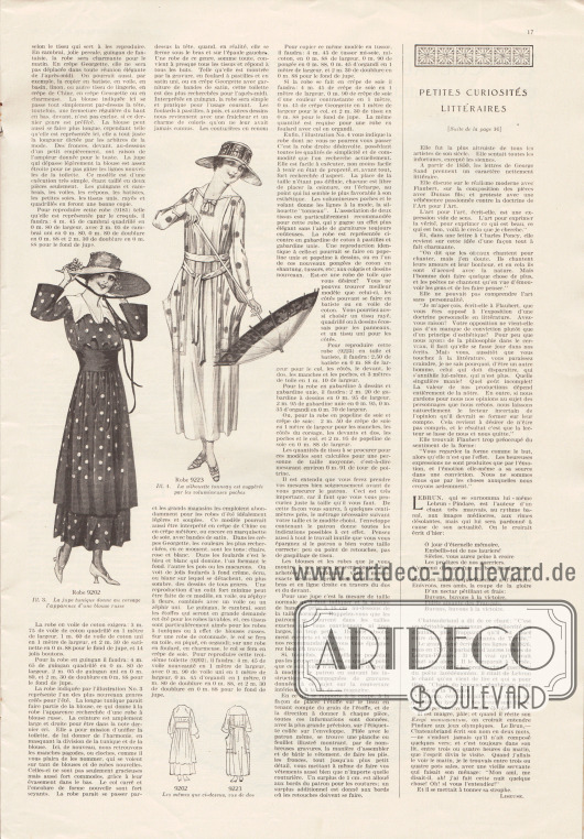 Artikel:
Liseuse, Petites Curiosités Littéraires (dt. „Kleine literarische Kuriositäten“);
o. V, Quatre jolies Robes d’Été. Faciles à Faire, et d’un Coût minime (dt. „Vier hübsche Sommerkleider. Einfach und zu kleinem Preis“).
9202: Neuartiges Kleid mit langer Tunika, breitem Bandgürtel und pagodenartig weit aufgehenden Manschetten. Eine einfache Version des Kleides kann aus gepunktetem und einfarbigem Gingham oder Chambray hergestellt und eine Version für gehobenere Anlässe kann aus Foulard, Voile (Schleierstoff), Crêpe de Chine, Krepp Meteor oder Seiden-Marquisette gefertigt werden. Kragen aus weißem Pikee, Organdy oder Seiden Krepp.
9223: Kleid mit neuartig betonter Hüfte (Tonnenrock). Die Silhouette wird durch überdimensionierte, aufgesetzte Taschen erreicht. Leinen und Batist, Gabardine oder Popeline sind die Stoffe der Wahl.