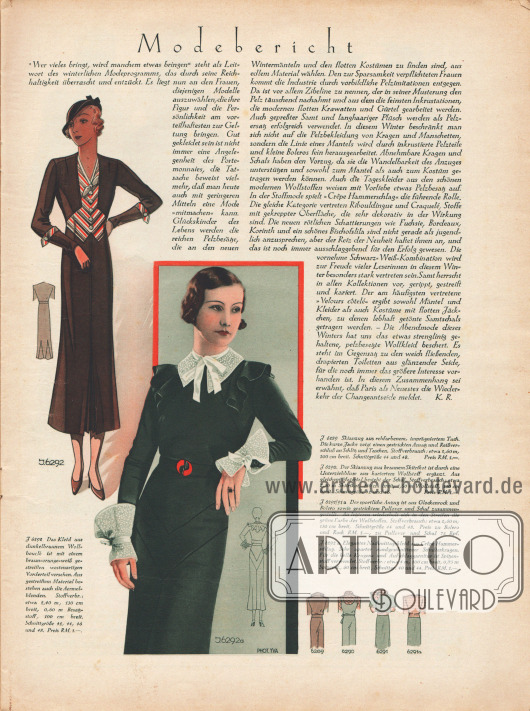 Artikel:
R., K., Modebericht.
6292: Das Kleid aus dunkelbraunem Wollbouclé ist mit einem braun-orange-weiß gestreiften westenartigen Vorderteil versehen. Aus gestreiftem Material bestehen auch die Ärmelblenden.
6292a: Elegantes Nachmittagskleid aus Crêpe Hammerschlag. Sehr aparter rundgeschnittener Schulterkragen. Für die helle Kragen- und Aufschlaggarnitur ist Spitzenstoff verwendet.
Foto: Yva (Else Ernestine Neuländer-Simon, 1900-1942).