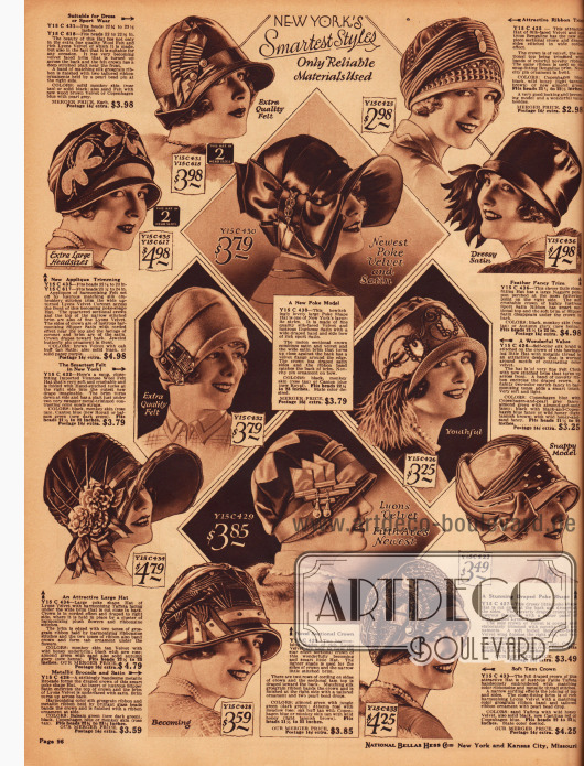 Doppelseite mit 24 kleidsamen Damenhüten für den kommenden Winter 1927/28.
Seitliche Ornamente, seien es Federn, Blüten oder Broschen, zeigen sich an sehr vielen der gezeigten Hutmodelle.
