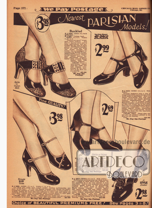 Schnallenschuhe und ein hochgeschlossener Pump vor allem aus Lackleder sowie einem Paar aus Samt oder Satin. Kombiniert wurden einzelne Modelle mit eidechsenartig genarbtem Leder oder Chevreauleder (Ziegenleder). Besonders extravagant ist das Modell links oben, das mit bronzefarbenem, in beifußartig gemustertem Leder (engl. „Bronze Wormwood Leather“) auffällig verarbeitet und mit einer sehr breiten Schnalle und Metallschließe versehen wurde.
Leichte Ausstanzungen, unauffällige Perforationen oder Ziernähte verschönern die Modelle. Kubanische oder schlanke hohe Absätze sind modern.