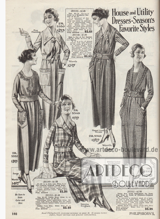 „Praktische Nutz- und Hauskleider – die beliebtesten Modelle der Saison“ (engl. „House and Utility Dresses – Season’s Favorite Styles“).
Haushaltskleider aus Chambray, mit Vlies gefüttertem und gestreiftem Perkal, Baumwoll-Serge, grob kariertem Gingham oder Baumwollgewebe im „Shepherd Check“ (dt. etwa Webmuster das Tartan genannt wird → Schottenmuster oder schottisches Karomuster).
Alle Modelle besitzen mindestens eine aufgenähte, große Tasche. Unter den Kleidern sind zwei Mantelkleider sowie zwei mit Stickerei.