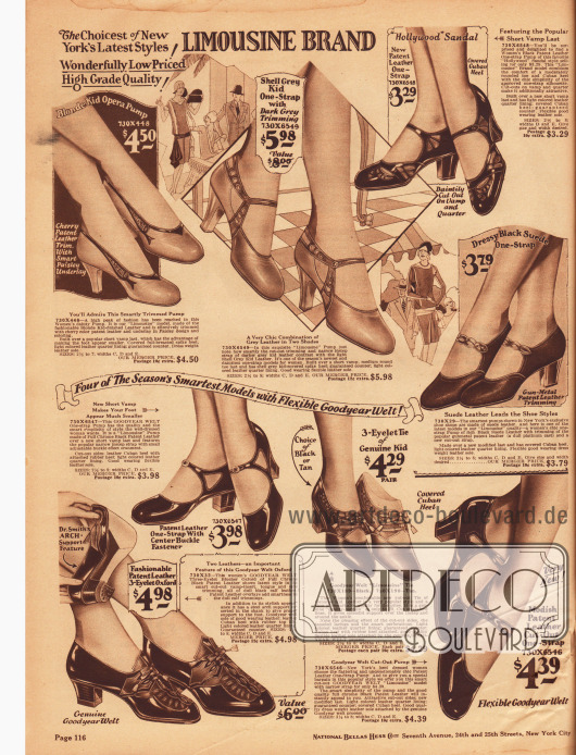 Pumps, Schnallenschuhe und ein Bücher Oxford (unten links) aus Lackleder, Chevreauleder (Ziegenleder) oder Wildleder für modebewusste Damen. Oft werden verschiedenfarbige Ledersorten kombiniert. Spitze, recht hohe Absätze oder mittel hohe und dickere kubanische Absätze sind auf dieser Seite vertreten. Interessante Nähte, Schließen, Schleifen und Ausstanzungen geben jedem Paar einen besonderen Charakter.