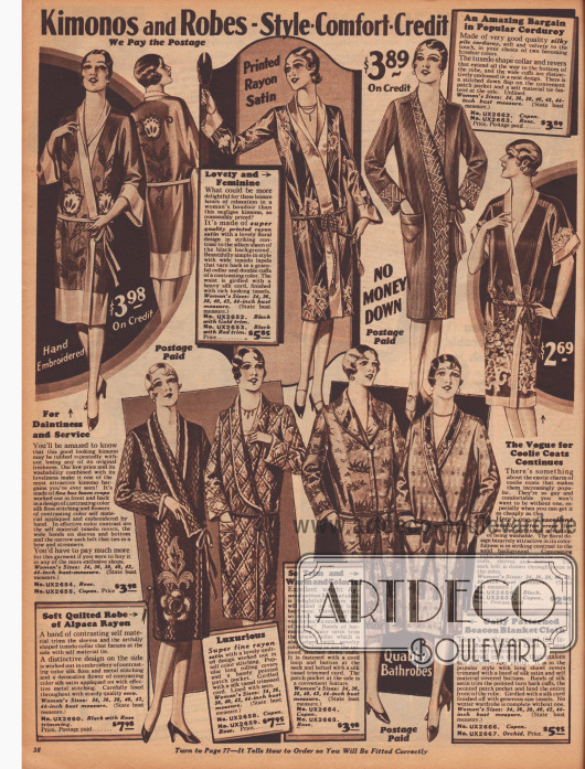 Kimonos und Morgenröcke aus Rayon-Satin, verschiedenen Baumwollmischstoffen oder Kord. Einige der Stoffe sind bedruckt oder per Hand bestickt. Viele Modelle haben aufgenähte Taschen. Mit einer Kordel können die Kimonos und Morgenröcke geschlossen getragen werden.