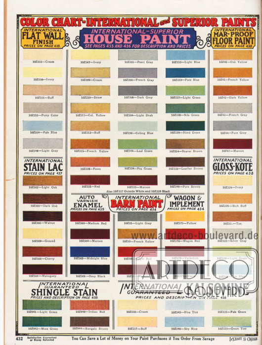 Farbtafel mit Farben und Lacken der Marke International Paint.
Die Farben sind für Wohnräume, flache Wände und Mauern, Wohnhäuser, Böden, Hölzer, Automobile, Scheunen, Fuhrwerke und Wagen sowie für Dächer und Dachschindeln vorgesehen.