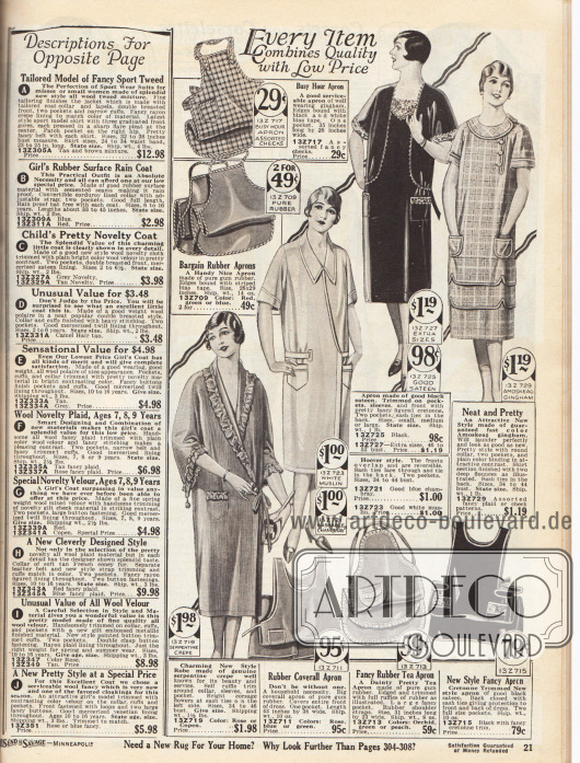 Günstige Haushaltskleider, Schürzen und ein Bademantel für Damen.
Die Haushaltskleider und Kittel sind aus Chambray, Satin mit Cretonne Garnitur sowie Amoskeag Gingham (Stoff hergestellt von der Amoskeag Manufacturing Co. in Manchester, New Hampshire, USA). Die Haushaltsschürzen sind aus Gingham, gummiertem Stoff oder Satin. Die mit Rüschen verarbeitete Morgen- und Baderobe ist aus Serpentinen Krepp.