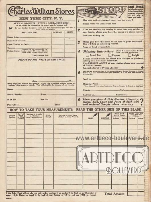 Bestellschein der Charles William Stores aus New York City, N. Y.
Neben den gewünschten Artikeln und der Adresse musste hier auch die Zahlungsart oben links angeben werden. Oben rechts befinden sich zu beachtende Hinweise zur korrekten Bestellung.