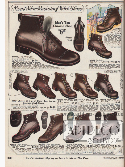 „Verschleißfeste Arbeitsschuhe für Männer“ (engl. „Mens Wear-Resisting Work Shoes“).
Widerstandsfähige, hochwertige Arbeitsschuhe und Straßenschuhe im Armeestil aus dunkelbraunen Kalbsledersorten sowie ein Modell aus braunem Kanevas. Die Schuhe zeigen dicke Sohlen (außer einem Modell) und decken auch die Knöchel ab. Schuhe mit glatten Kappen und leichten Perforationen und verstärkten Nähten. Viele Modelle sind Goodyear welted, also Rahmenvernäht.