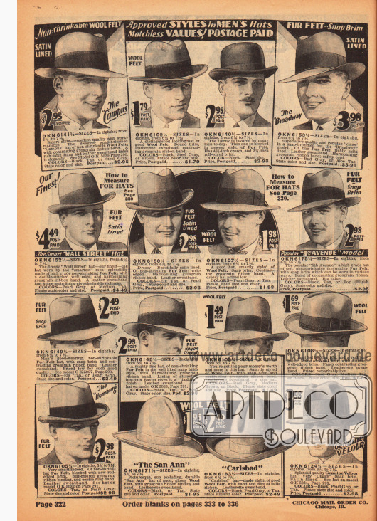 Herrenhüte aus Wollfilz und auch Velours mit breiten Ripsbändern. Unter den Modellen sind Homburg Hüte (mit kurzer, dicker und nach oben gerollter Krempe), eine Melone (im Englischen „Bowler hat“ genannte mit runden Kopf) und in der Mehrzahl Fedora Hüte (mit dünner, breiter Krempe).
In der Mitte im unteren Seitenbereich befinden sich außerdem zwei Cowboy Hüte (ein „San Ann“ und ein „Carlsbad“) ebenfalls aus Wollfilz.