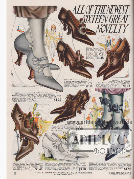 Die Doppelseite mit Damenschuhen aus Ziegen-, Wild- und Veloursleder zeigt die beliebtesten Halbschuhe der frühen Zwanziger Jahre: relativ hoch geschlossene Oxfords (3 Modelle), Kolonialpumps mit Zierschnallen aus Metall (3 Paare), gewöhnliche Pumps mit Zierlasche (2 Paare), Pumps mit einer oder zwei Schnallen (7 Modelle) und ein „Egyptian anklet“ Paar, das mit einem hohen Knöchelriemchen geschlossen wird. Ziernähte, Perforationen, Schleifen und kleine Perlen geben Abwechslung.