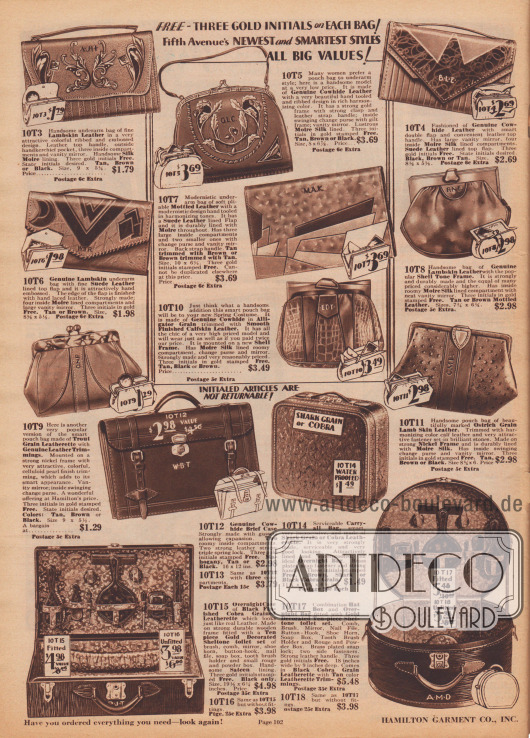 Kuvert-Handtaschen, Geldbörsen und Handtaschen mit Rahmenverschluss aus Kuh- und Lammleder sowie Veloursleder. Einzelne Taschen sind aus unterschiedlichen Ledersorten hergestellt, so dass reizvolle Muster, moderne Motive oder klassische Ornamente entstehen.
Unten befinden sich eine Aktentasche, zwei Reisetaschen sowie ein Hutkoffer. Die unteren beiden Modelle können „fitted“ oder „unfitted“ bestellt werden. „Fitted“ Koffer werden gegen Aufpreis in der Innenseite mit einem zehnteiligen Toilettenset ausgestattet.