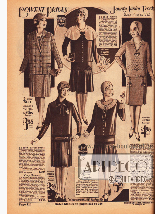 Tageskleider zu günstigen Preisen aus Rayon Krepp, Woll-Kasha, Rayon-Satin und Seiden-Satin sowie ein Kostüm aus Rayon und Woll-Tweed für junge Frauen zwischen 13 und 19 Jahre.