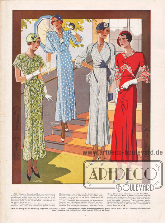 7243: Elegantes Nachmittagskleid aus gemustertem Georgette, in asymmetrischer Schnittform. Ein glockig geschnittener Volant greift über die Arme und ist in die Passenteilung gefaßt. Linksseitlich große Schleife.
7244: Nachmittagskleid aus blauem, gemustertem Crêpe de Chine. Die Taille ist effektvoll geteilt und mit Glockenvolants verarbeitet, die die Schulterpartie verbreitern. Am Rock vorn und rückwärts ein Godet.
7245: Vornehmes Nachmittagskleid aus gemustertem Flamisol, mit einfarbigem Material effektvoll garniert. Die Taille greift vorn übereinander. An dem glockig ausfallenden Rock einseitiger Schoßeffekt.
7246: Elegantes Kleid in einer Kombination von einfarbigem und gemustertem Etamine. Letzterer ist für die in Zacken angesetzten Ärmelpuffen und den Kragen nebst Schluppen verarbeitet. Harmonierende zackige Schnitteilungen.