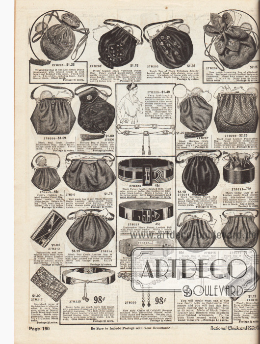 Handtaschen, Rahmenhandtaschen, Kosmetikbeutel, Geldbörsen und Gürtel für modebewusste Damen.
Die Taschen sind aus Seiden-Baumwoll-Popeline, Samt, Seiden-Faille, Leder, Kalbsleder oder auch Lackleder gearbeitet. Die Stoffbeutel sind mit Stickereien oder Perlen verziert. Auch Quasten wurden an einzelnen Modellen angebracht. Die Metallrahmen der Rahmenhandtaschen sind dezent ornamentiert.
Die Gürtel sind aus Lackleder oder Wildleder sowie aus Metallketten und Ornamenten hergestellt.