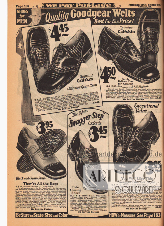 Echte Goodyear welted Herrenschuhe mit kantigen Kappen aus Kalbsledern, Lackledern und Elchs-/Hirschleder. Zwei Modelle sind zusätzlich mit reptilienartig genarbten Ledern oder hellem Leder („two-tone“) kombiniert.
Unter den Schuhen befinden sich drei Oxford Modelle (ein zweifarbiger Oxford und ein „Swagger-Step“ Oxford der mit Perlmuttknöpfen verschlossen wird) sowie zwei Derbymodelle. Ein Herrenschuh bei dem die Flügelkappe mit Zierperforation versehen ist (Fullbrogue).