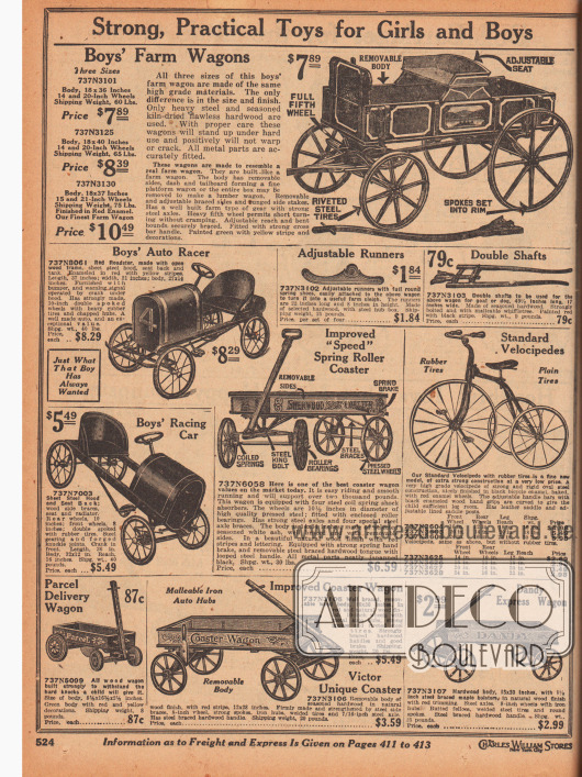 „Stabile, praktische Spielzeuge für Mädchen und Jungen“ (engl. „Strong, Practical Toys for Girls and Boys“).
Kinderspielzeug. Handwagen, Bollerwagen, Tretroller, Rennwagen mit Pedalantrieb aus Metall und Holz sowie ein Dreirad (engl. „Velocipede“, dt. „Veloziped“). Zudem werden Kufen und eine hölzerne Gabel zum Anspannen von Ziegen oder Hunden angeboten.
