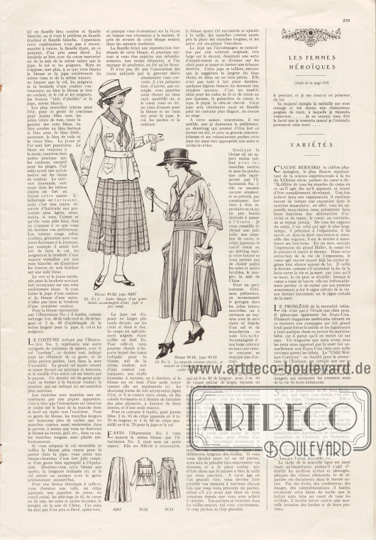 Artikel:
O. V., Préparations la garde-robe des vacances. Trio de charmants costumes;
O. V., Les femmes héroïques. Dévouement d'une jeune Irlandaise;
O. V., Variétés.
Mit den Abbildungen zweier Blusen mit passenden Röcken.