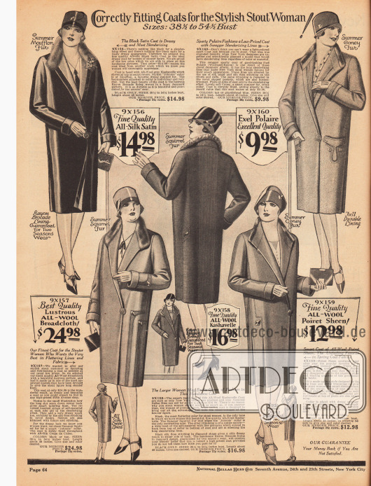 „Exakt passende Mäntel für die modische, vollschlanke Dame!“ (engl. „Correctly Fitting Coats for the Stylish Stout Woman!“).
Die Frühjahrsmäntel sind aus Seiden-Satin, „Exel Polaire“ (ein Wolle und Rayon Gewebe), matt glänzendem Woll-Breitgewebe, Woll-Kasha sowie Poiret Wolle. Zur Verbrämung wurden Mufflon (Wildschaf), Kaninchen und Eichhörnchen verwendet.