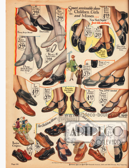 Schuhe mit niedrigen Absätzen für kleine Mädchen und junge Damen von 2 bis 13 Jahren. Die Schuhe im oberen Bildteil ähneln schon sehr den Schuhen für erwachsene Damen. Die Schuhe sind aus Rindsleder, Chevreauleder (Ziegenleder), Lackleder und auch Satin und werden gerne mit reptilienartig genarbten Ledersorten kombiniert. In der Mitte rechts befindet sich ein "Toyo" Sandalenschuh.
Im unteren Seitenbereich sind die Schuhe mit flachen Sohlen für junge Mädchen.