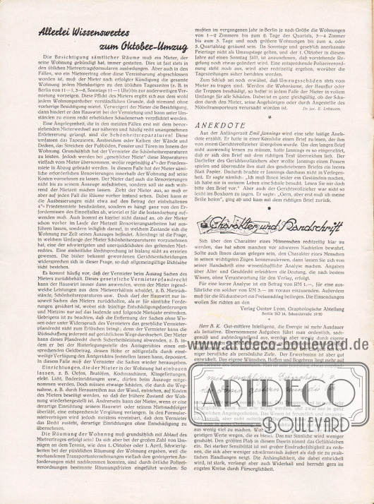 Artikel:
Lehmann, Dr. jur. E., Allerlei Wissenswertes zum Oktober-Umzug;
O. V., Anekdote;
Verlag Gustav Lyon, Charakter und Handschrift.