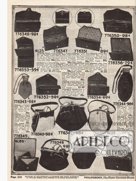 Doppelseite mit Geldbörsen für Damen, Handtaschen aus Leder mit Metallrahmen und Verschluss und auch eine silberne Metallnetztasche aus deutscher Produktion sind im Angebot (Mitte, äußerer linker Bildrand). Die Preise fangen bei 49 ¢ und reichen bis 1,98 Dollar.