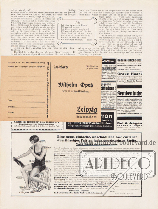 Lose Beilage in der Zeitschrift:
Postkarte (Maße: 14,5 x 9,5 cm / 5,71 x 3,54 in) zum Bestellen von Schnittmustern, adressiert an die Schnittmuster-Abteilung des Verlages in Leipzig, Brüderstraße 61.