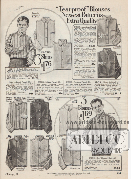 „‚Reißfeste‘ Hemden – Neueste Muster – Extra Qualität“ (engl. „‚Tearproof‘ Blouses – Newest Patterns – Extra Quality“).
Arbeitshemden und Anzughemden für 6 bis 16-järhige Jungen. Die Hemden sind aus unifarbenen oder gestreiften Stoffen wie Perkal, Chambray, Madras, Flanell, Amoskeag Flanell (Gewebe der Amoskeag Manufacturing Co. in Manchester, New Hampshire, USA) sowie französisch gestreiftem oder militärischem Flanell. Alle Hemden sind mit einer praktischen Brusttasche versehen.