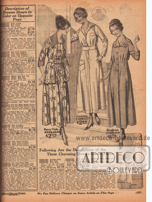 Zwei schlichte Haushalts-, Veranda- oder Gartenkleider (engl. „porch dresses“) aus mit Blumen gemustertem Voile (Schleierstoff) und gestreiftem Gingham sowie ein Kleid aus weißem Batist oder blauem Chambray für Krankenschwestern.
Die Mantelkleider besitzen verdeckte und auch sichtbare Knopfleisten zum einfachen Anziehen. Die Haushaltskleider zeigen dreiviertellange Ärmel und das Kleid für Krankenpflegerinnen je eine große und eine kleine Tasche. Das erste Modell ist mit Rüsche am Jackensaum und farblich abstechender Garnitur aufgeputzt.