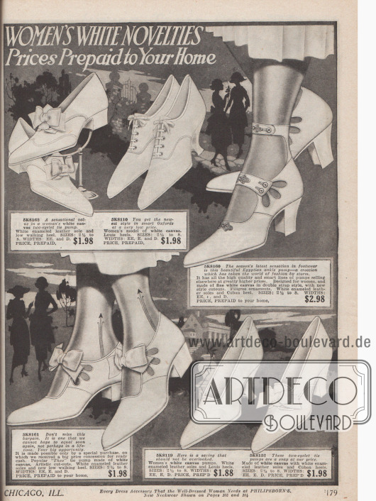 Doppelseite mit den neuesten sommerlichen Damenschuhen zu günstigen Preisen aus weißem Canvas (Leinen).
Das Angebot besteht aus T-, Kreuz- und Einspangenschuhen (drei Modelle), einem Paar Kolonialpumps, zwei Oxfords, einem Paar „Egyptian ankle pumps“ und sechs schlichten Pumps mit oder ohne Zierschleifen. Perforationen, Stickereien und unaufdringliche Strassperlenapplikationen dienen als Ornament. Louis XIV und kubanische Absätze dominieren.