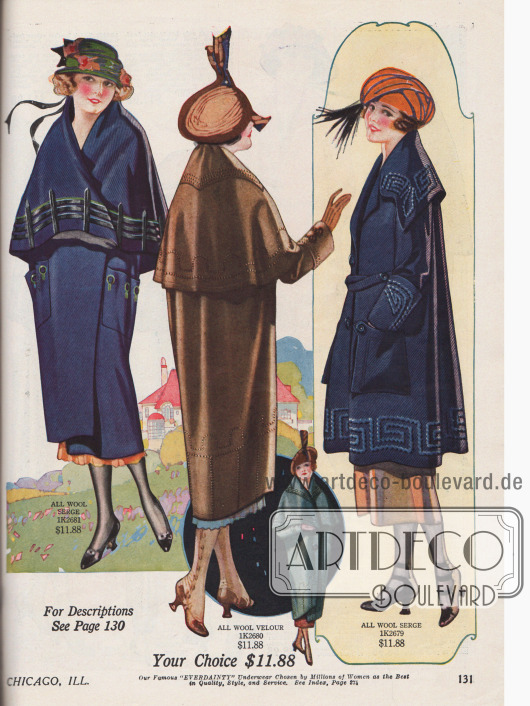 Zwei Mäntel und ein Umhang für junge Damen und „Misses“ (dt.: „junge Frauen“ / „Fräuleins“) aus Woll-Serge und Woll-Velours. Die Schnitte sind überwurfartig weit geschnitten und mit großen Capes oder breitem Kragen versehen. Dezente Stickereien und große Taschen sind immer noch populär.
