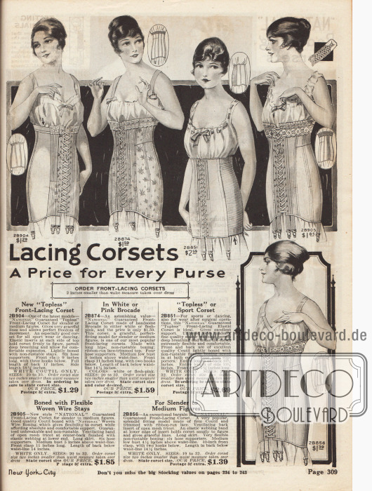 „‚Nationals’ Frontschnür-Korsetts. Ein Modell für jede Figur. Ein Preis für jeden Geldbeutel” (engl. “’National’ Front-Lacing Corsets. A Style for Every Figure. A Price for Every Purse”).
Die fünf hier gezeigten Korsetts sind aus elastischen Geweben, Brokat und Coutil (robuster, dichtgewebter Baumwollstoff) hergestellt und werden mit Strumpfbandhaltern geliefert. Das Innenleben der Korsetts besteht aus rostfreien Aluminiumdrähten. Spitzenborte ziert die oberen Ränder von drei Korsetts. Bänder aus atmungsaktivem Maschengewebe oder Trikotstoff erhöhen den Tragekomfort.