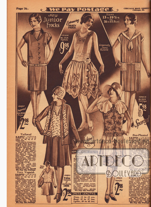 Drei ärmellose Sommerkleider aus Seiden-Pongee, Organdy und Seiden Krepp, ein Ensemble aus Leinen und ein Abendkleid für schwungvolle Tanzveranstaltungen mit hoher Taillierung aus Seiden-Taft werden auf dieser Seite präsentiert.