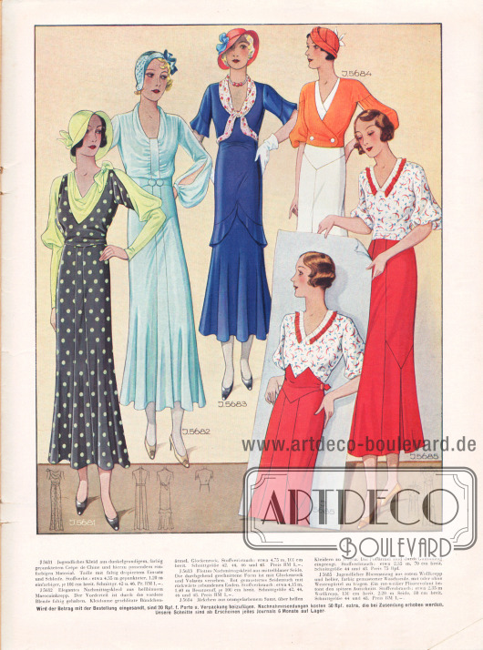 5681: Jugendliches Kleid aus dunkelgrundigem, farbig gepunktetem Crêpe de Chine und hierzu passendem einfarbigem Material. Taille mit faltig drapiertem Einsatz und Schleife.
5682: Elegantes Nachmittagskleid aus hellblauem Marocainkrepp. Der Vorderteil ist durch die vordere Blende faltig gehalten. Kleidsame geschlitzte Bündchenärmel.
5683: Flottes Nachmittagskleid aus mittelblauer Seide. Die durchgehend geschnittene Form ist mit Glockenrock und Volants versehen. Rot gemustertes Seidentuch mit rückwärts gebundenen Enden.
5684: Jäckchen aus orangefarbenem Samt, über hellen Kleidern zu tragen. Die Puffärmel sind durch Gummizug eingeengt.
5685: Jugendlicher Blusenanzug aus rotem Wollkrepp und heller, farbig gemusterter Waschseide mit oder ohne Westengürtel zu tragen. Ein rot-weißer Plisseevolant betont den spitzen Ausschnitt.
