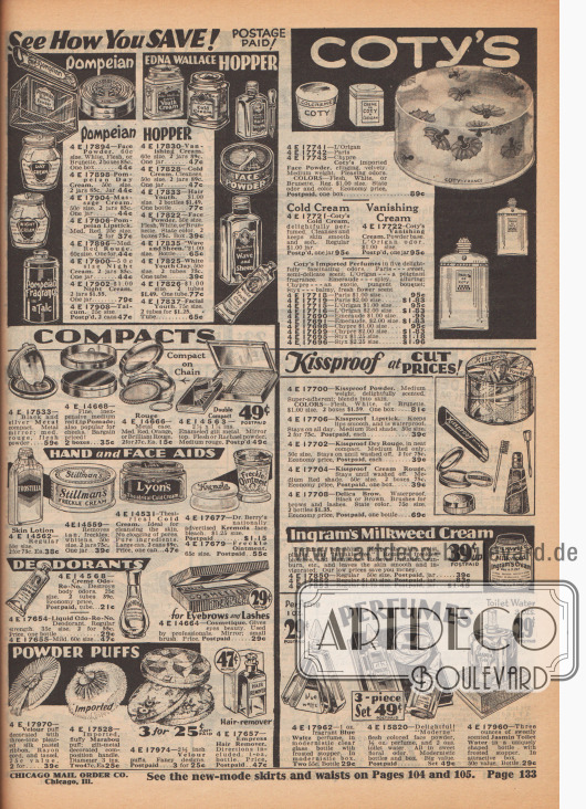 Gesichtspuder, Puderdosen, Tages- und Nachtcremes, Perfume, Toilettenwasser, Lippenstifte, Kajal, Rouges, Deodorants und Haarentferner der Unternehmen Pompeian, Edna Wallace Hopper, Coty's, Kissproof, Ingram's, Blue Waltz und Odorono.
Des Weiteren finden sich hier auch eine Gesichtslotion der Marke Frostilla, Sommersprossencreme von Stillman's, Theater Feuchtigkeitscreme von Lyon's sowie Kremola Gesichsbleiche des Herstellers Dr. Berry's.