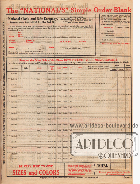 Heraustrennbarer Bestellschein des National Cloak & Suit Co. Versandhauskataloges von 1917-1918. Angegeben werden müssen die Adresse, die Artikel mit Konfektionsgröße und gewünschter Farbe sowie der der Bestellung beigefügte Barzahlungsbetrag.