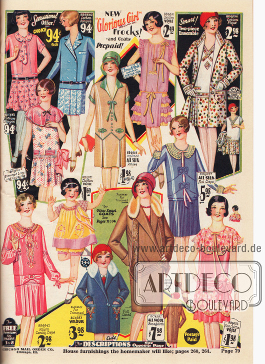 Acht Kleider für Mädchen von 3 bis 8 Jahren aus Baumwoll-Pongee, Rayon Krepp, Organdy, Seide und Chiffon Schleierstoff sowie ein Ensemble für Mädchen aus Baumwoll-Pikee.
Unten befindet sich auch ein Kleidchen aus Chiffon Schleierstoff für Mädchen bis 6 Jahre und 2 Mäntel aus Velours und Wolle.