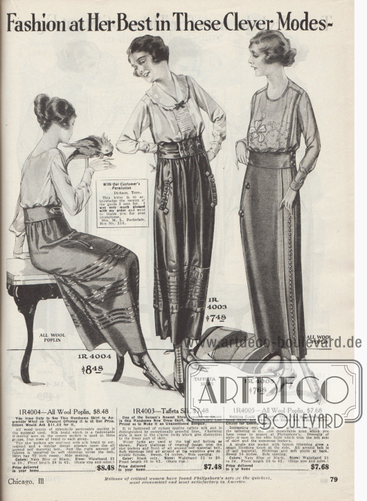 „Mode von ihrer besten Seite in diesen klugen Modellen“ (engl. „Fashion at Her Best in These Clever Modes“).
Kleidsame Röcke aus Woll-Popelin oder Taft-Seide für Frauen.
Der erste Rock ist unterhalb des Stoffgürtels dicht angesetzt und rundum mit drei mal vier Reihen schwarzer Seidentresse ausgestattet. Der zweite Rock zeigt am Saum eine Gruppe Paspeln, die rings um den Rock geführt sind. Weitere Paspelierung ziert die Gürtelpasse und die halbrund eingelassenen Taschen. Die Weite des Rockes im Hüftbereich wird durch grazil drapierte Falten erreicht. Einen glatten Schnitt zeigt der dritte Rock. Weite, eingearbeitete Falten und zahllose Zierknöpfe zeigen sich allein auf der linken Seite. Eine eingelassene Schlitztasche rechts.