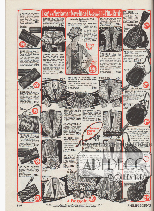 „Taschen- & Halsbekleidungs-Neuheiten – Entworfen von Mlle Ruth“ (engl. „Bag & Neckwear Novelties – Designed by Mlle. Ruth“).
Im mittleren Seitenbereich befinden sich Kragen-, Jabot-, Ärmel- sowie passende Ärmelaufschlaggarnituren zum Nähen von Kleidung. Darunter befindet sich auch ein Smokingkragen (engl. „Tuxedo collar“). Die Garnituren sind aus Organdy, Filetspitze, Cluny Spitze, Netzgewebe, Seiden-Crêpe de Chine oder Georgette. Einzelne Modelle sind bestickt, mit Spitzenkante oder Plisseerüsche versehen.
An den Seitenrändern werden Geldbörsen und Handtaschen (links) oder Rahmenhandtaschen sowie Kosmetikbeutel (rechts) angeboten. Die Geldbörsen und Taschen sind aus genarbtem oder meliertem Leder. Die Beutel und Rahmenhandtaschen sind aus Seide, Samt, Seiden-Popeline oder Moiré und sind teilweise bestickt oder mit Quasten verschönt.