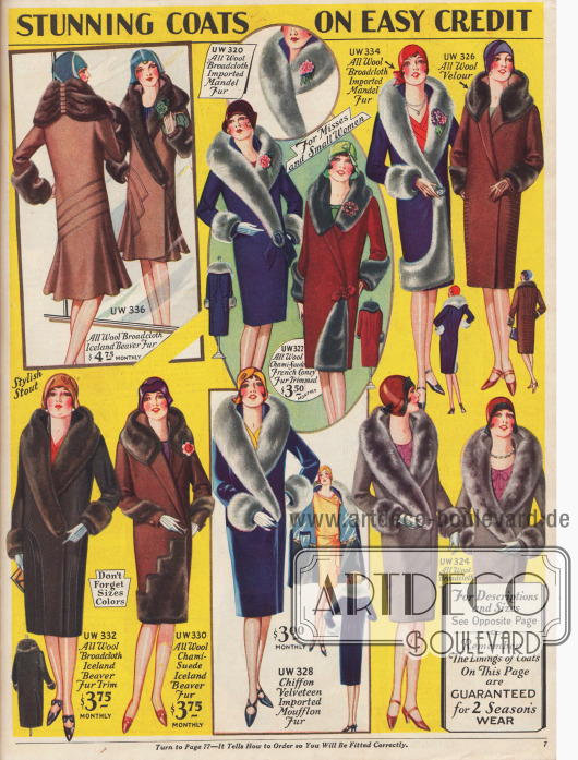Pelzgarnierte Wintermäntel für Frauen. Die verwendeten Stoffe sind Wollbreitgewebe, Woll-Veloursleder und Chiffon-Samt. Pelze aus Kaninchen, Bieber und Mufflon (Wildschaf) fanden für die reichen Schalkragen, Ärmelstulpen und Säume Verwendung. Alle Mäntel werden auf einem großen Knopf oder einer Schnalle geschlossen und zeigen außer einem Modell die gerade abfallende V-Linie. Vertikale und horizontale Ziernähte ergeben dezente Abwechslung. Viele Pelzrevers werden zudem mit Kunstblumen versehen.
