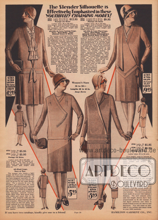 „Die schlanke Linie wird besonders wirkungsvoll in diesen jugendlich entzückenden Modellen betont“ (engl. „The Slender Silhouette is Effectively Emphasized in these YOUTHFULLY CHARMING MODES!“).
Elegante Kleider aus Seiden-Kanton Krepp, Woll-Krepp, Woll-Jersey und Seiden Krepp für stärker gebaute Damen. Zwei Röcke sind mit plissiertem Stoff verarbeitet, die anderen beiden Röcke zeigen Quetsch- oder eine große Kellerfalte. Biesen, Schleifen, Knöpfe oder auch eine Brosche in sehr dezent unauffälligen Ausführungen verschönern die Kleider. Ein Kleid zeigt zudem einen Georgette-Einsatz mit Spitzenjabot.